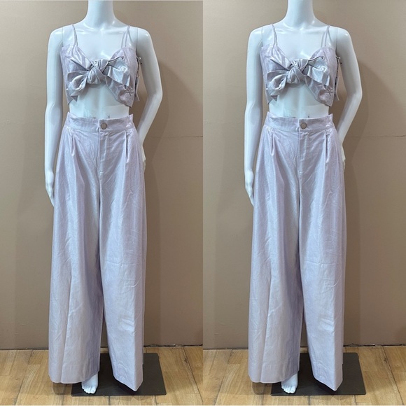 Jason Wu Women L Linen Wide Leg Pants Crop Top Purple Shimmer 2 Pcs/set New - Picture 1 of 9